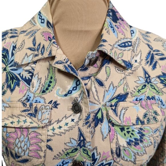 CHARTER CLUB Cotton Floral Denim Button Up Jacket Beige Size Petite Small - Picture 10 of 15